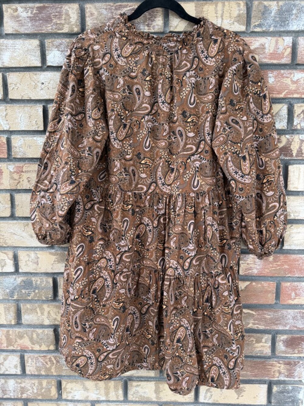 Umgee Brown Paisley Cotton Balloon Sleeve Tiered Hi-Low Tunic Dress Size M - Picture 9 of 11